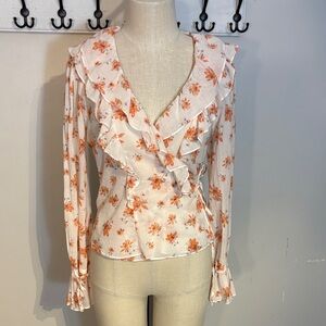Free People Amanda Floral Ruffle Blouse - White and Orange size s
